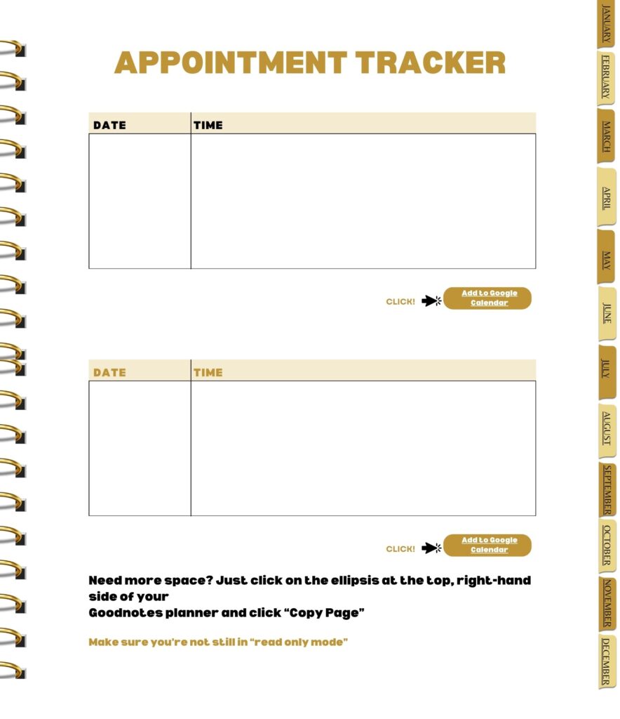 a screenshot of an appointment tracker as an example of what you will find in the best digital planner pages for people with ADHD