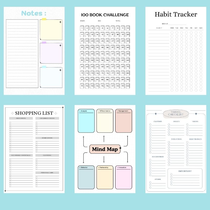 a planner mockup design showing six different printable planner inserts