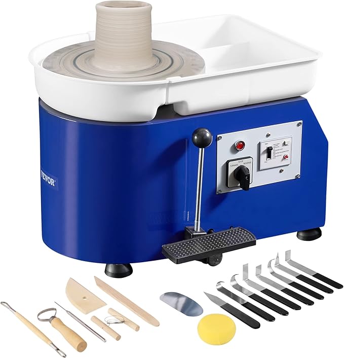 a blue and white pottery machine with tools that can be described as a best budget pottery wheel