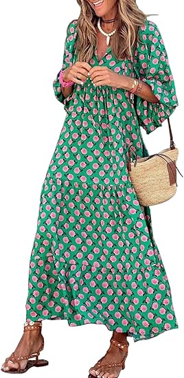 a woman in a green boho style over 50 dress