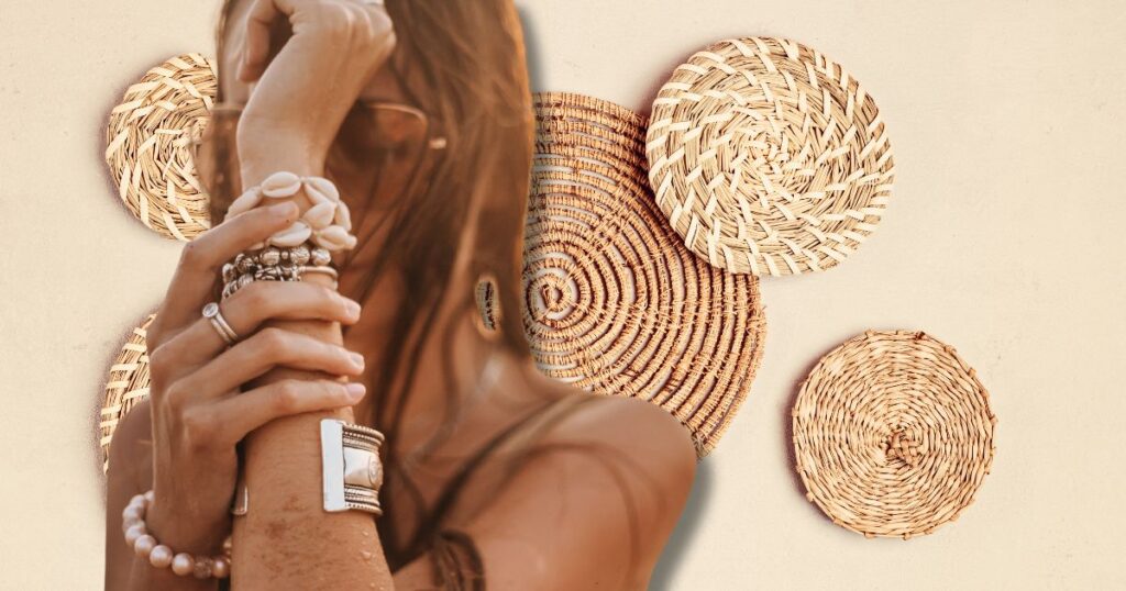 a woman wearing bracelets and a woven basket to show off her boho style over 50